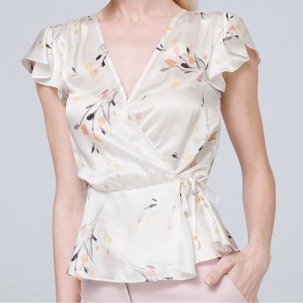 White House black market silk blouse floral watercolor print flutter sleeve